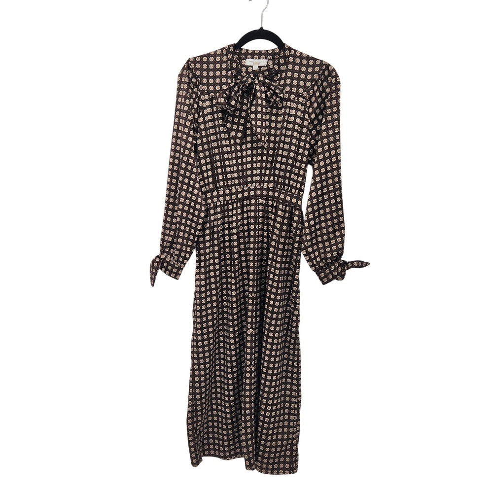 Sweet Baby Jamie Brown Black Geo Midi Dress Dark Academia Professor Tie Neck XS - Picture 3 of 10